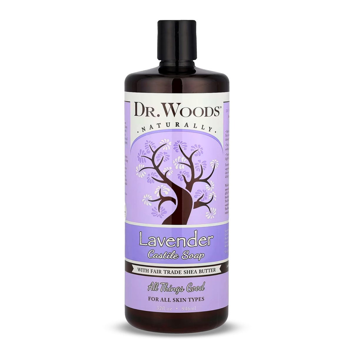 Dr. Woods Lavender Castile Soap bottle with calming lavender for gentle cleansing.