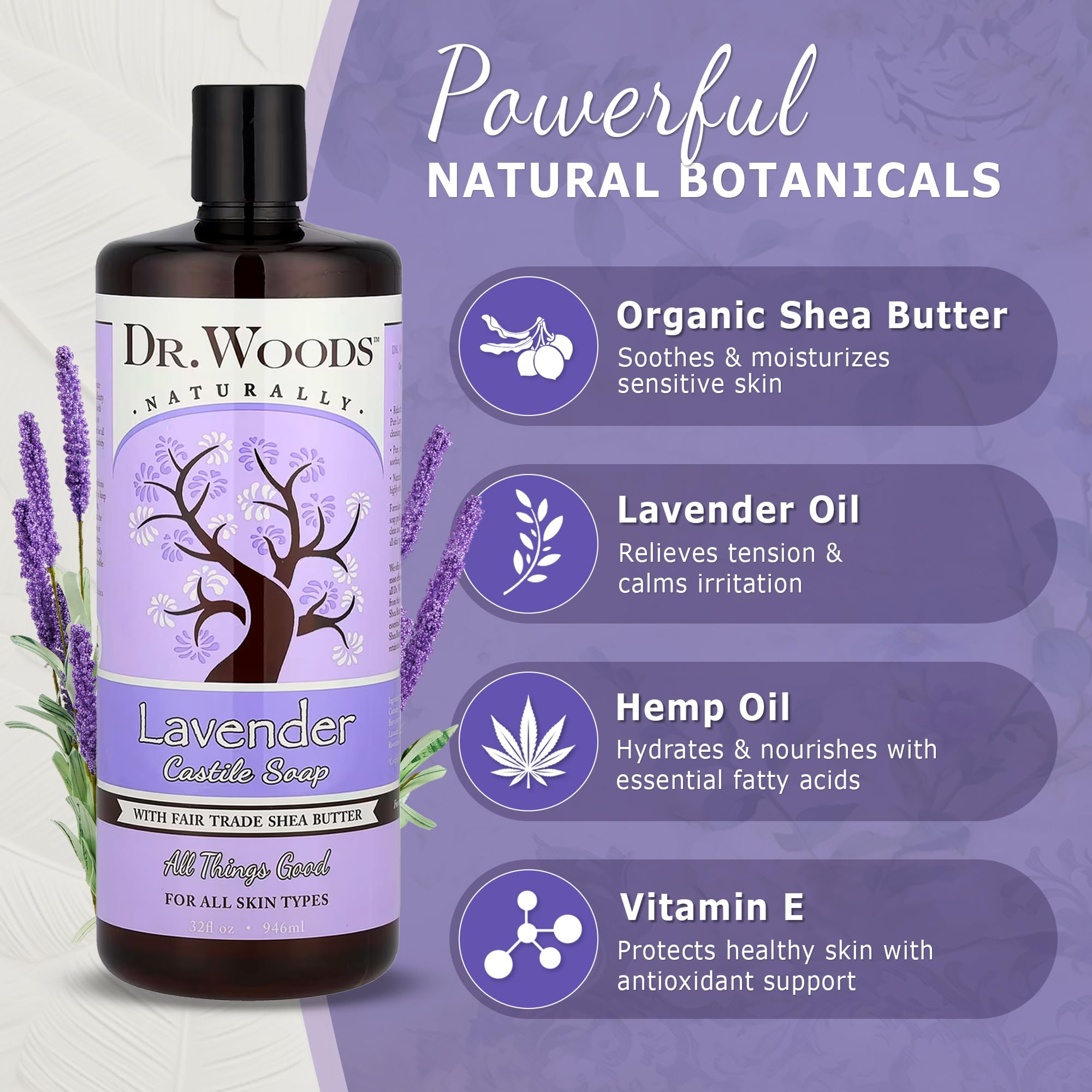 Dr. Woods Lavender Castile Soap pours into hand for a rich, easy rinse.