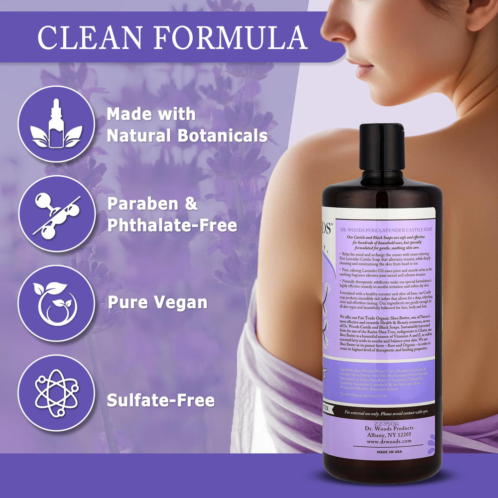Dr. Woods Lavender Castile Soap with fair-trade shea butter for moisturized skin.