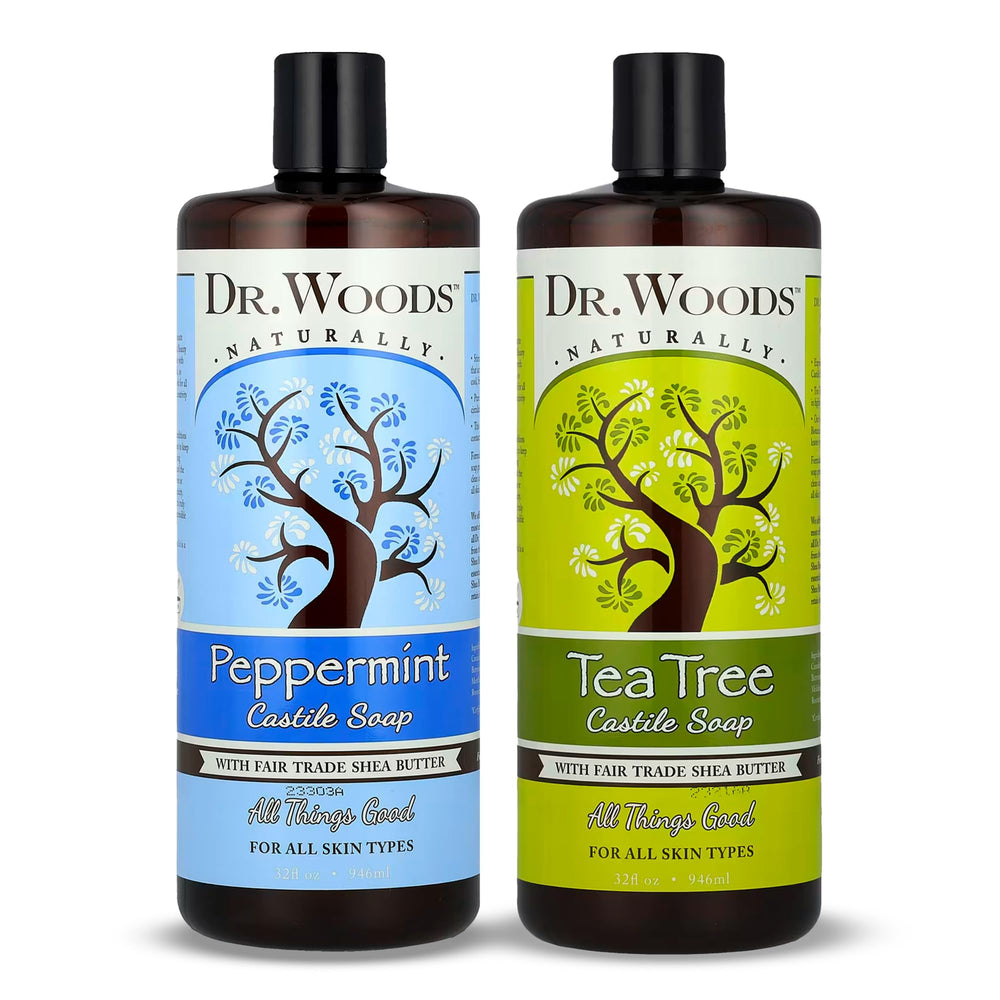 Dr. Woods liquid castile soap bottle pour highlights rich lather for gentle cleansing.