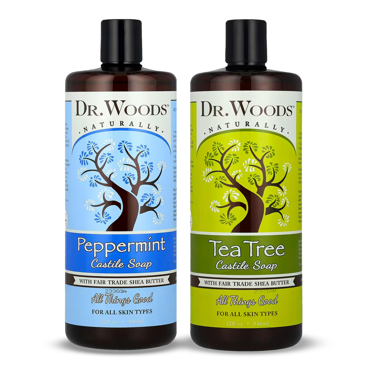 Dr. Woods Liquid Castile Soap bottle pour showing versatile cleansing for face, hands, and body