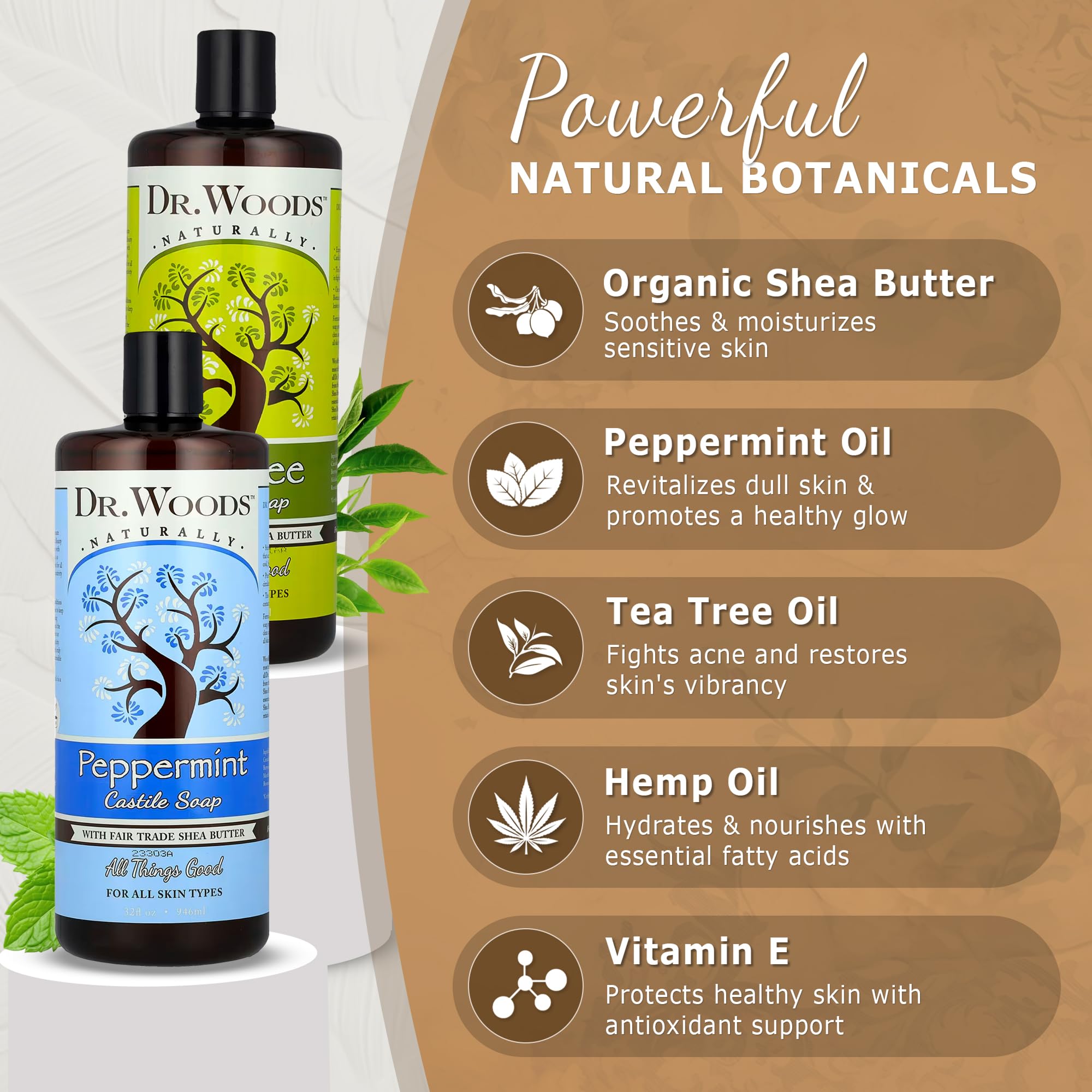 Dr. Woods organic shea butter ingredient emphasizes natural moisture and protection.