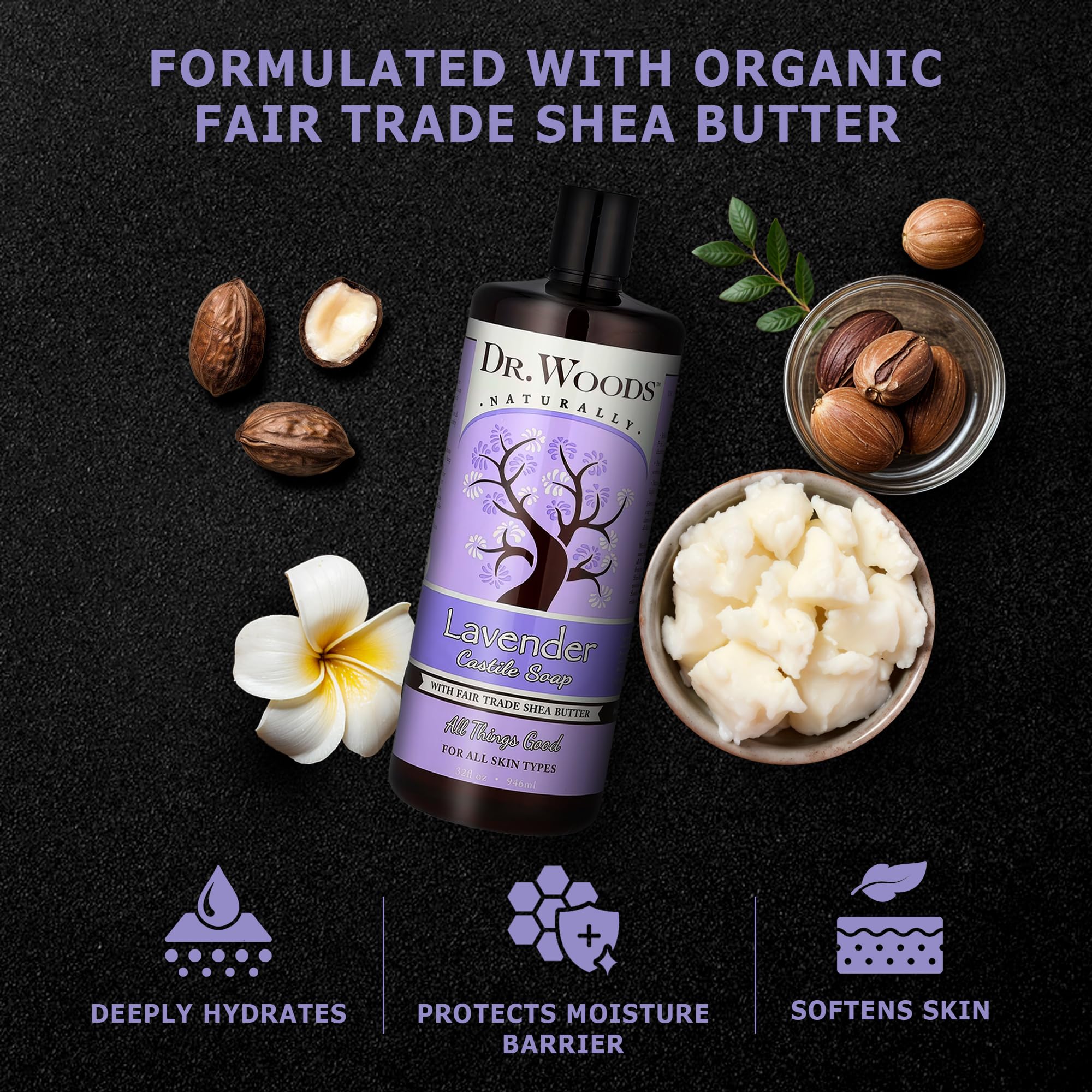 Dr. Woods organic shea butter ingredient panel emphasizes pure, sustainable nourishment.