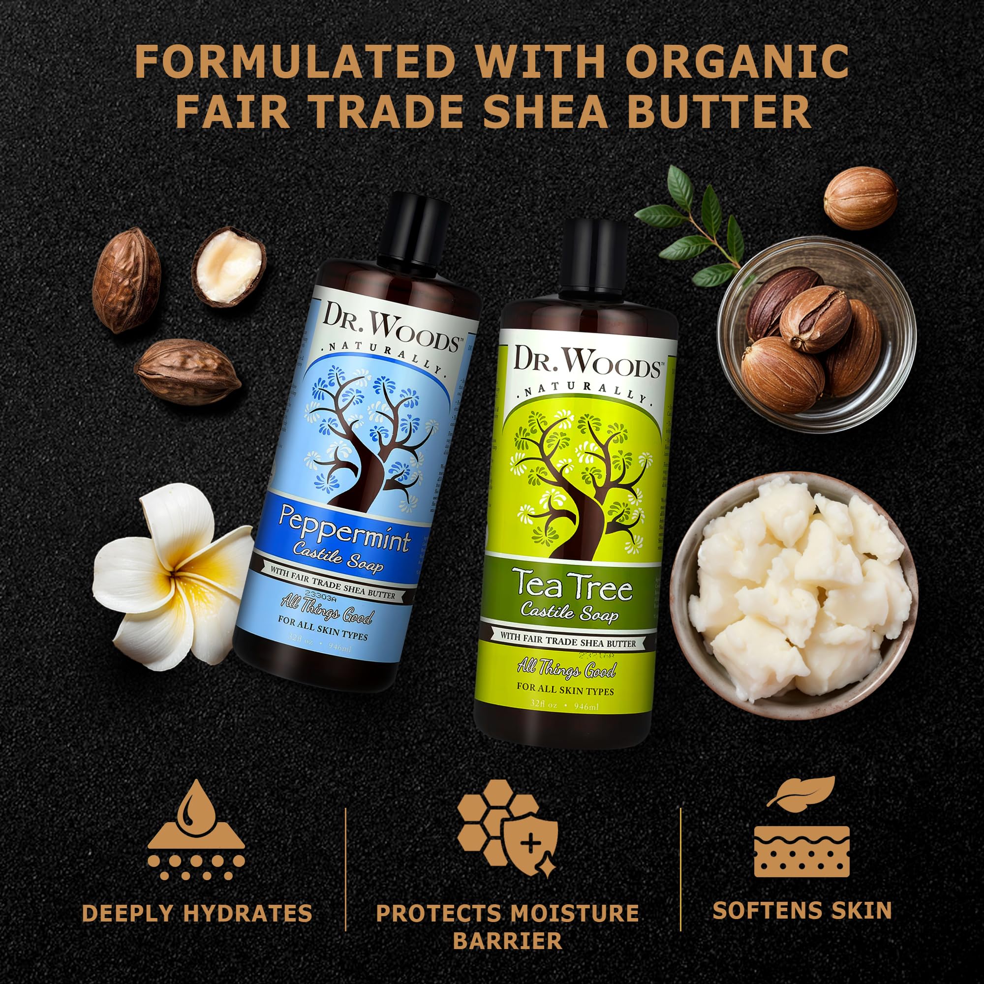 Dr. Woods Organic Shea Butter packaging highlighting raw, fair trade nourishment