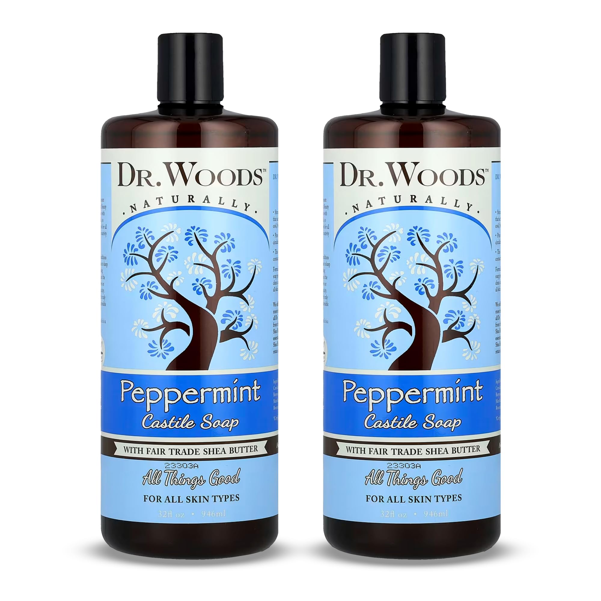 Dr. Woods peppermint castile soap bottle for gentle facial and body cleansing