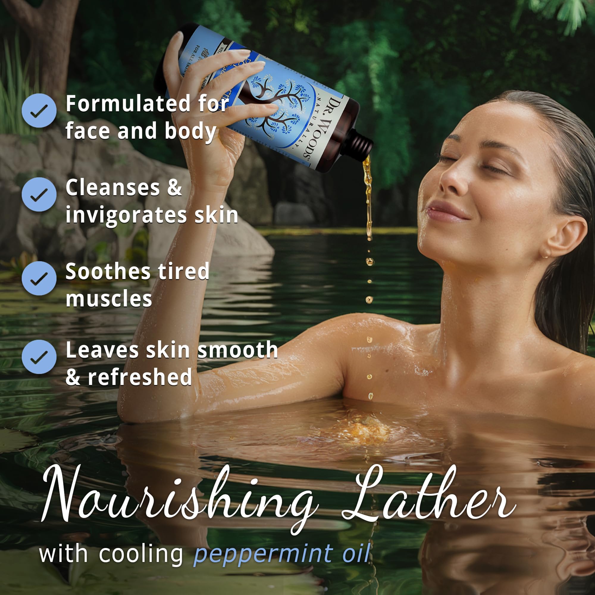Dr. Woods peppermint castile soap lather highlights rich foam and quick rinse