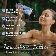 Dr. Woods peppermint castile soap lather highlights rich foam and quick rinse