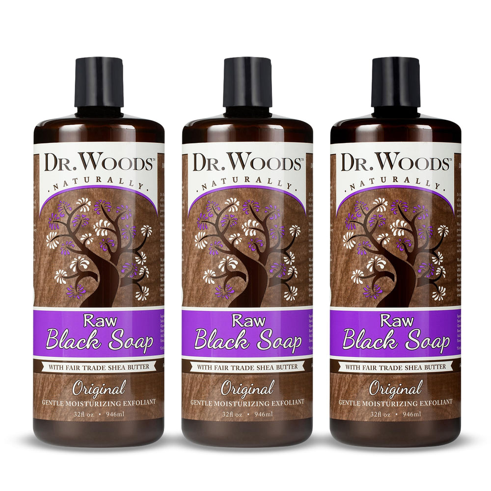 Dr. Woods Raw African Black Soap bottle with rich lather for cleansing.