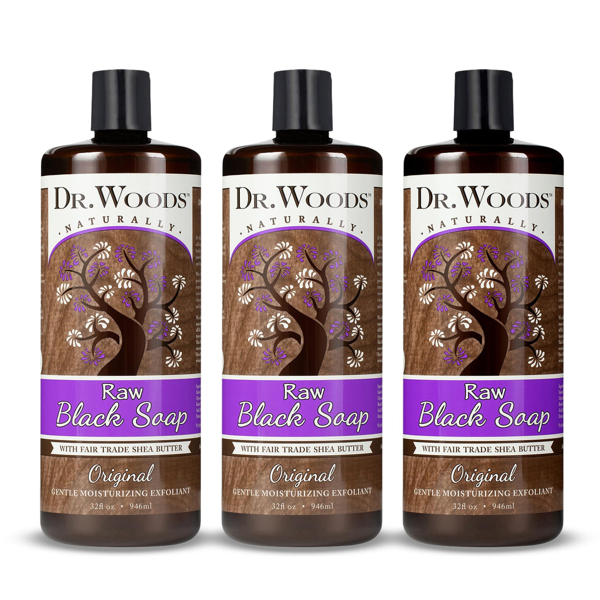 Dr. Woods Raw African Black Soap bottle with rich lather for cleansing.