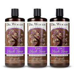 Dr. Woods Raw African Black Soap bottle with rich lather for cleansing.