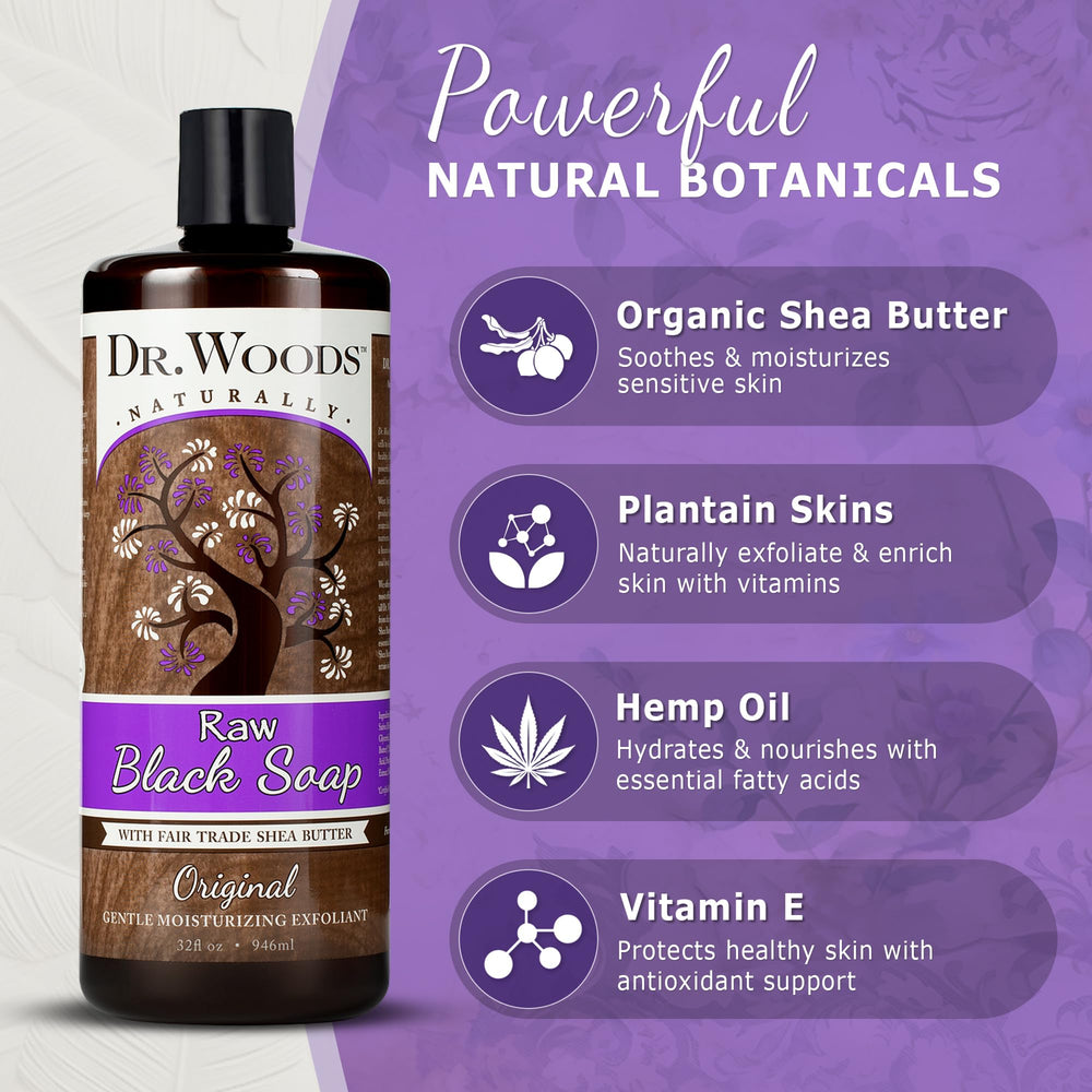 Foaming Dr. Woods African Black Soap for face and body cleansing.