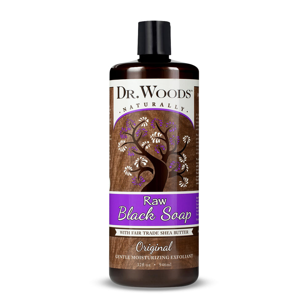 Dr. Woods Raw Black Soap bottle pouring for a gentle cleansing routine.