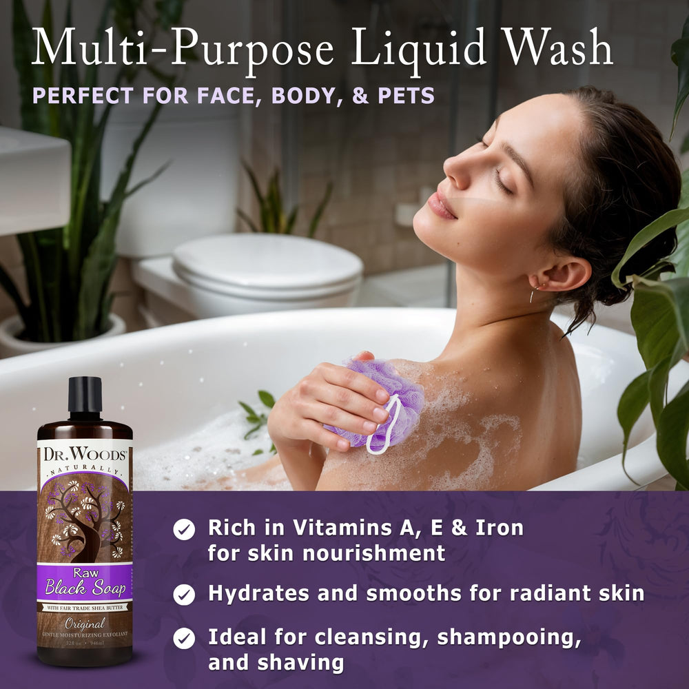 Close-up of rich lather from Dr. Woods Black Soap for deep clean.