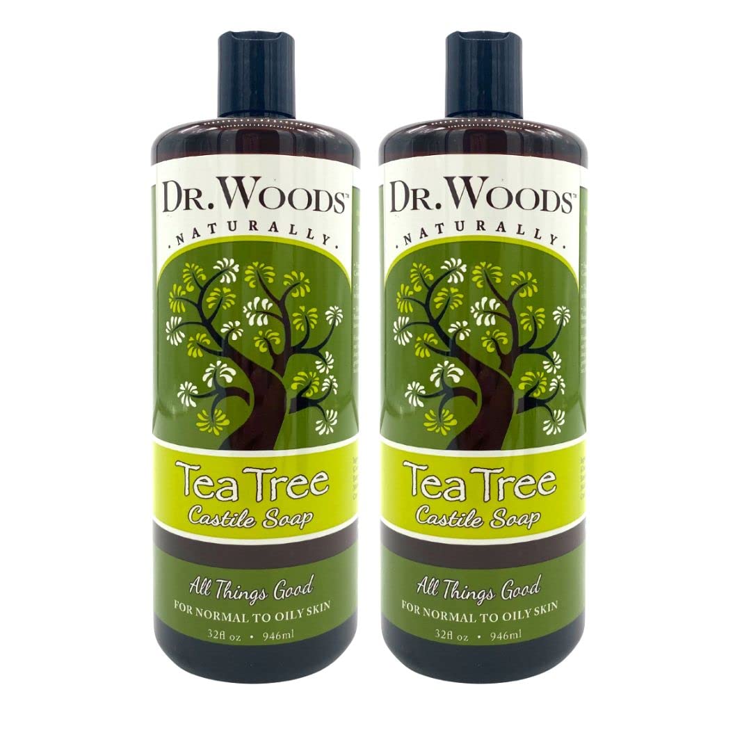 Dr. Woods Tea Tree Castile Soap bottle front view for everyday cleansing.