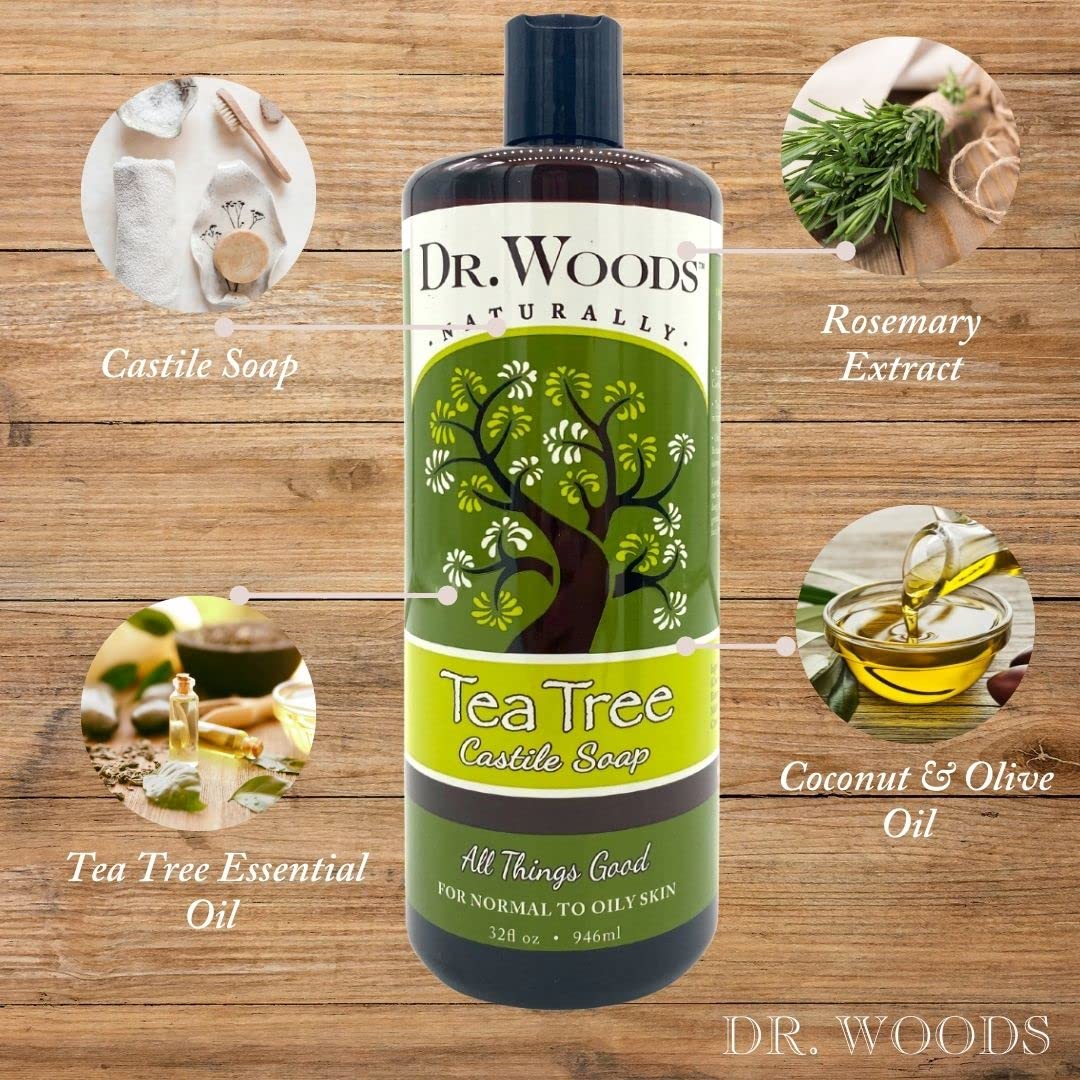 Dr. Woods Tea Tree Castile Soap ingredients close-up highlighting tea tree oil.