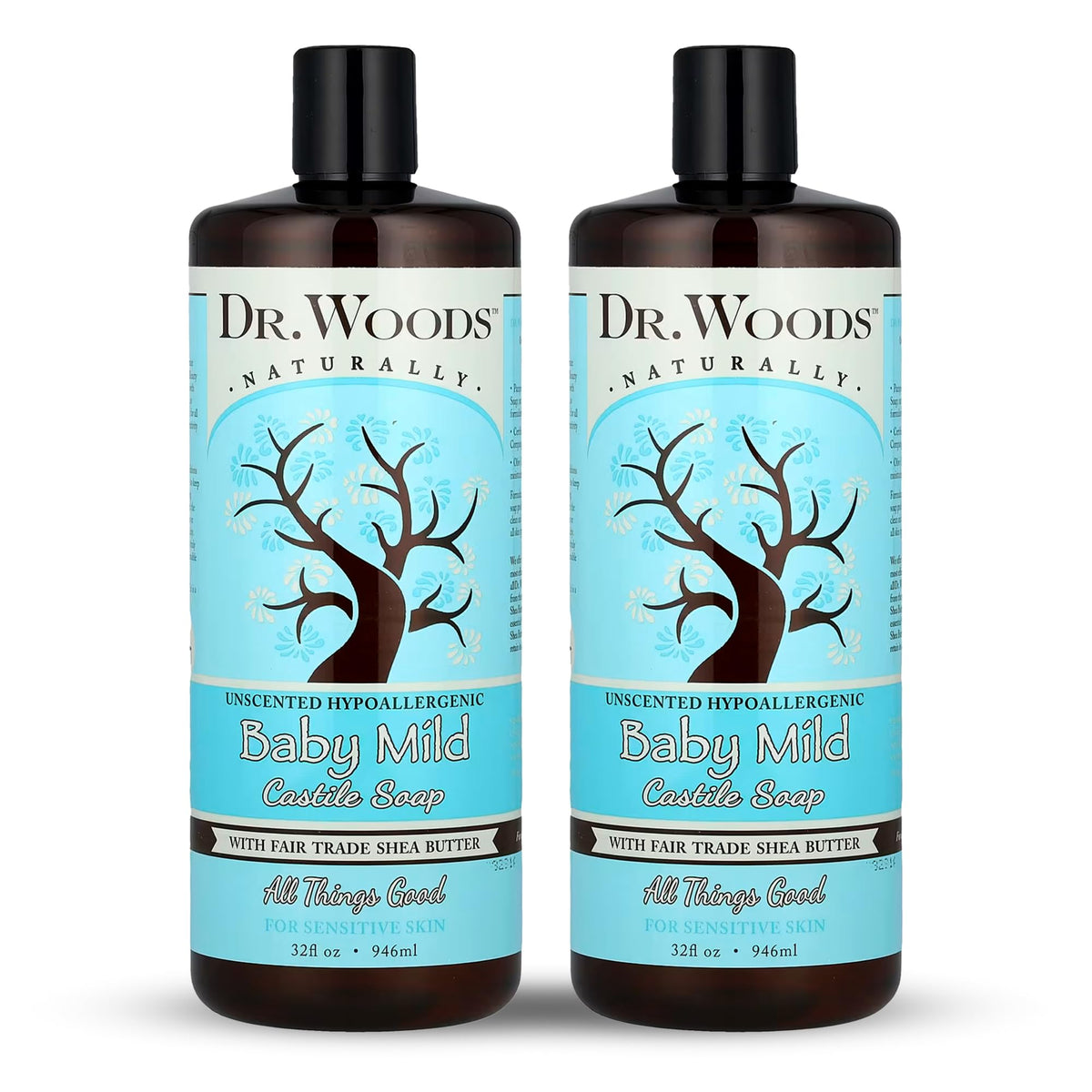 Dr. Woods unscented baby mild soap bottle, gentle cleanse for sensitive skin.