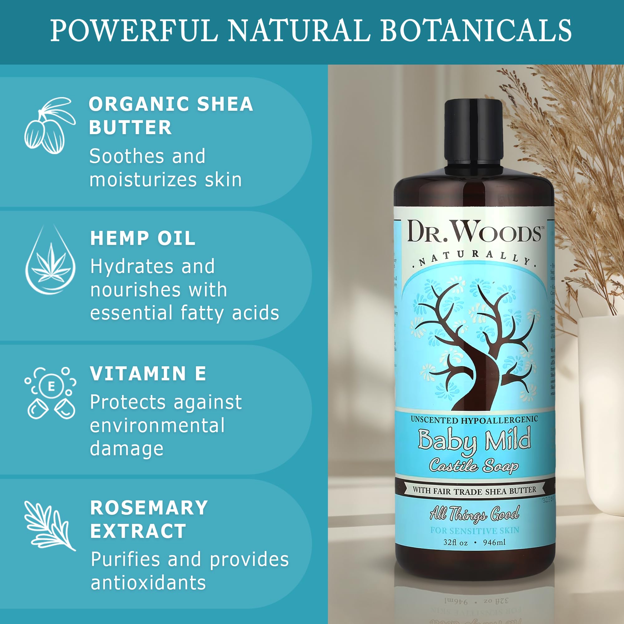 Dr. Woods unscented castile soap ingredients panel featuring organic shea butter and oils.