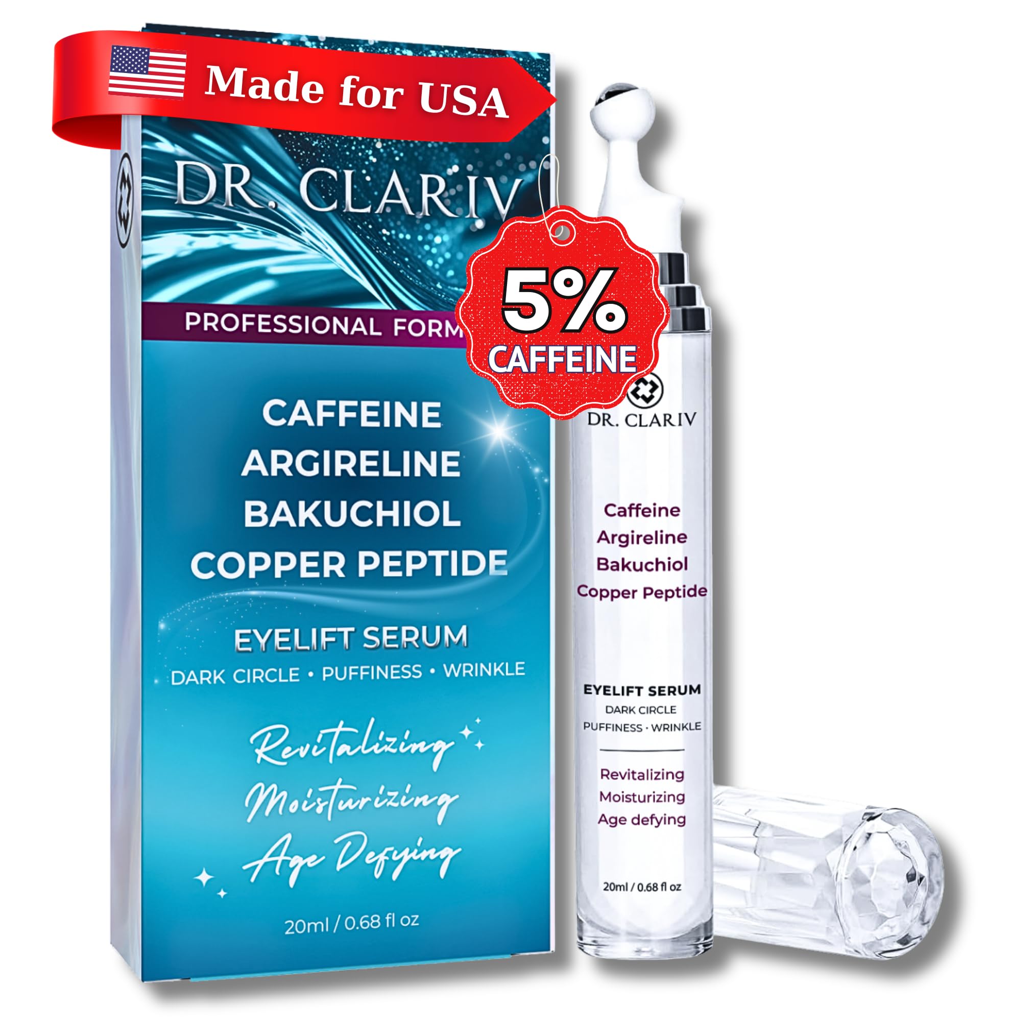 DR. CLARIV caffeine-bakuchiol eye serum bottle for easy roll-on application and cooling relief.