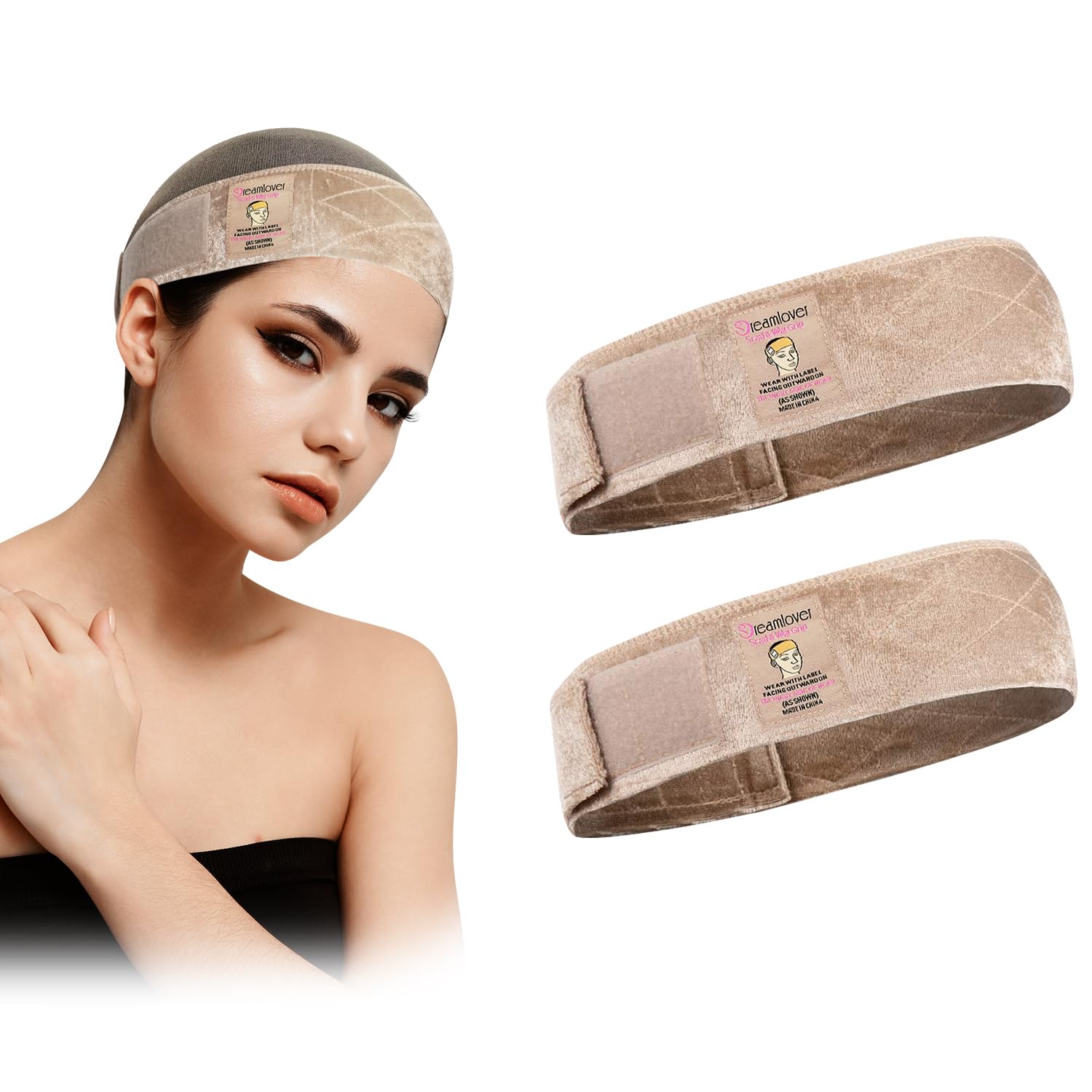 Dreamlover wig grip band in tan, breathable velour for secure wig wear.