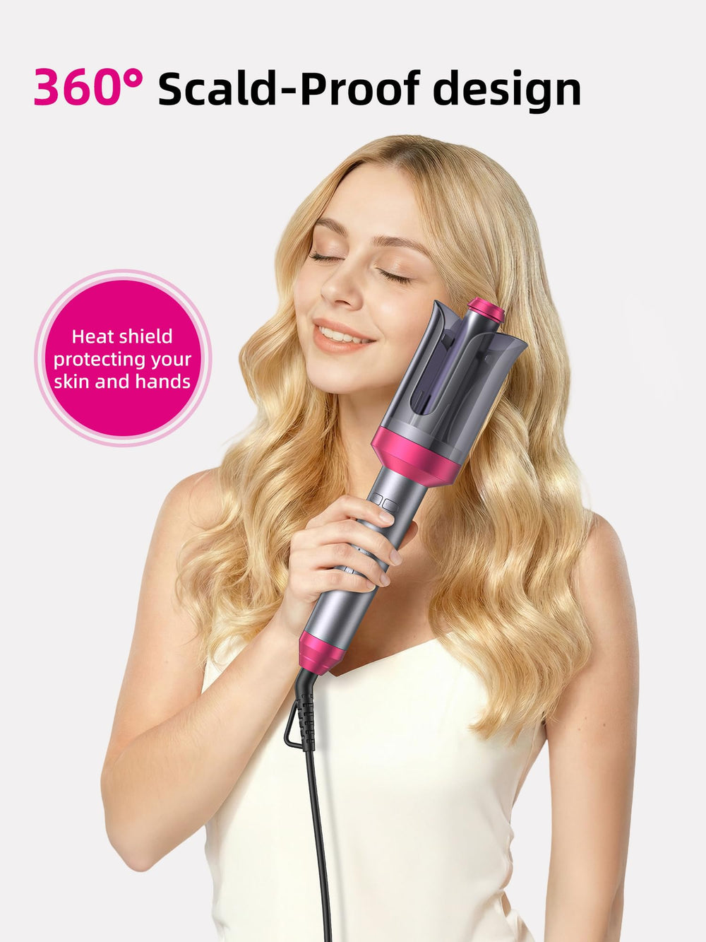 DRFLASH curling iron showing 360-degree rotation controls for easy release.