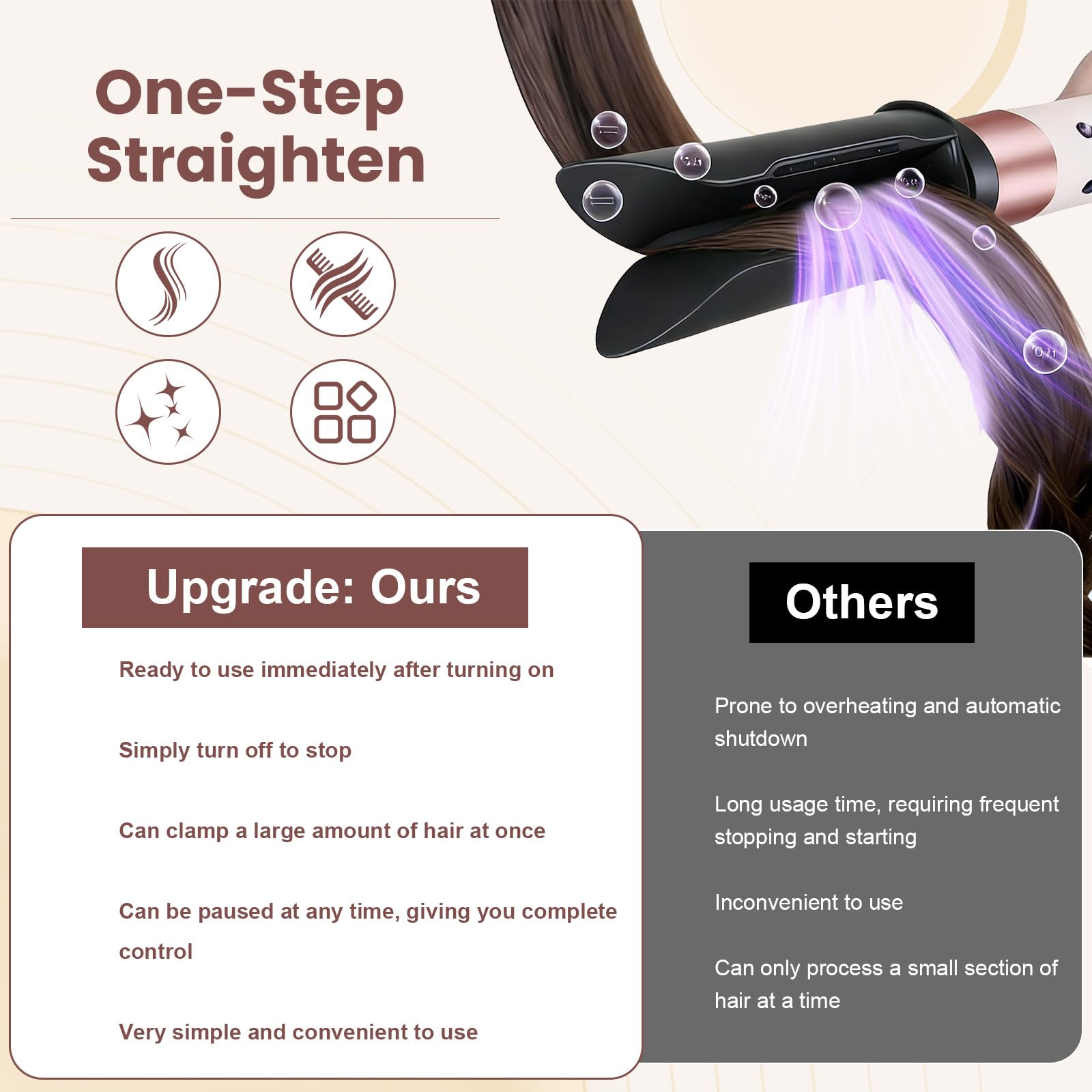 In-use view shows sleek, polished strands after using the attachment