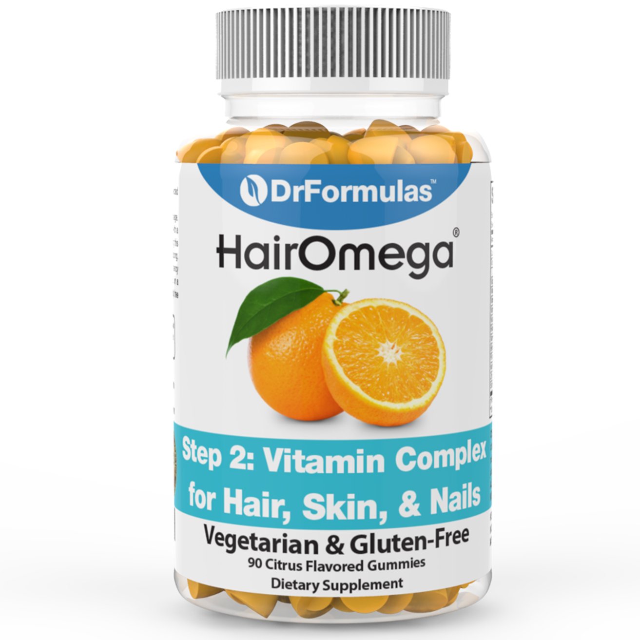 DrFormulas HairOmega bottle beside a glass suggesting a morning routine.