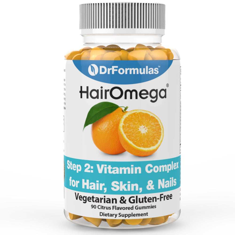 DrFormulas HairOmega bottle beside a glass suggesting a morning routine.
