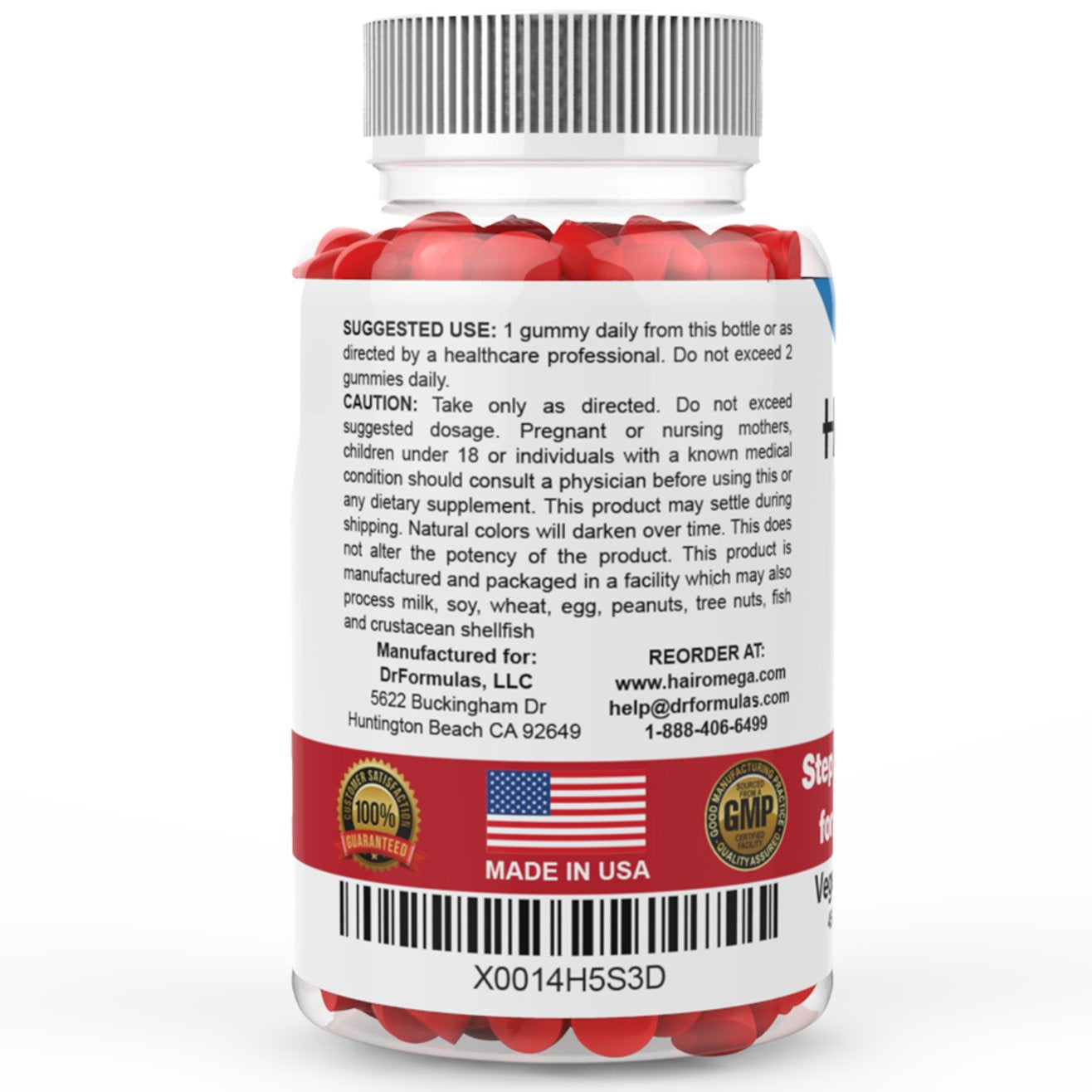 DrFormulas HairOmega gummies showing a two-per-day dosing reminder.