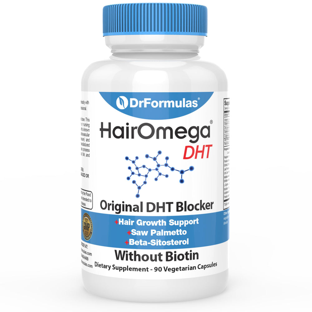 DrFormulas HairOmega DHT Blocker bottle shown for daily hair health support