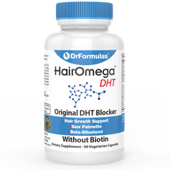 DrFormulas HairOmega DHT Blocker bottle shown for daily hair health support
