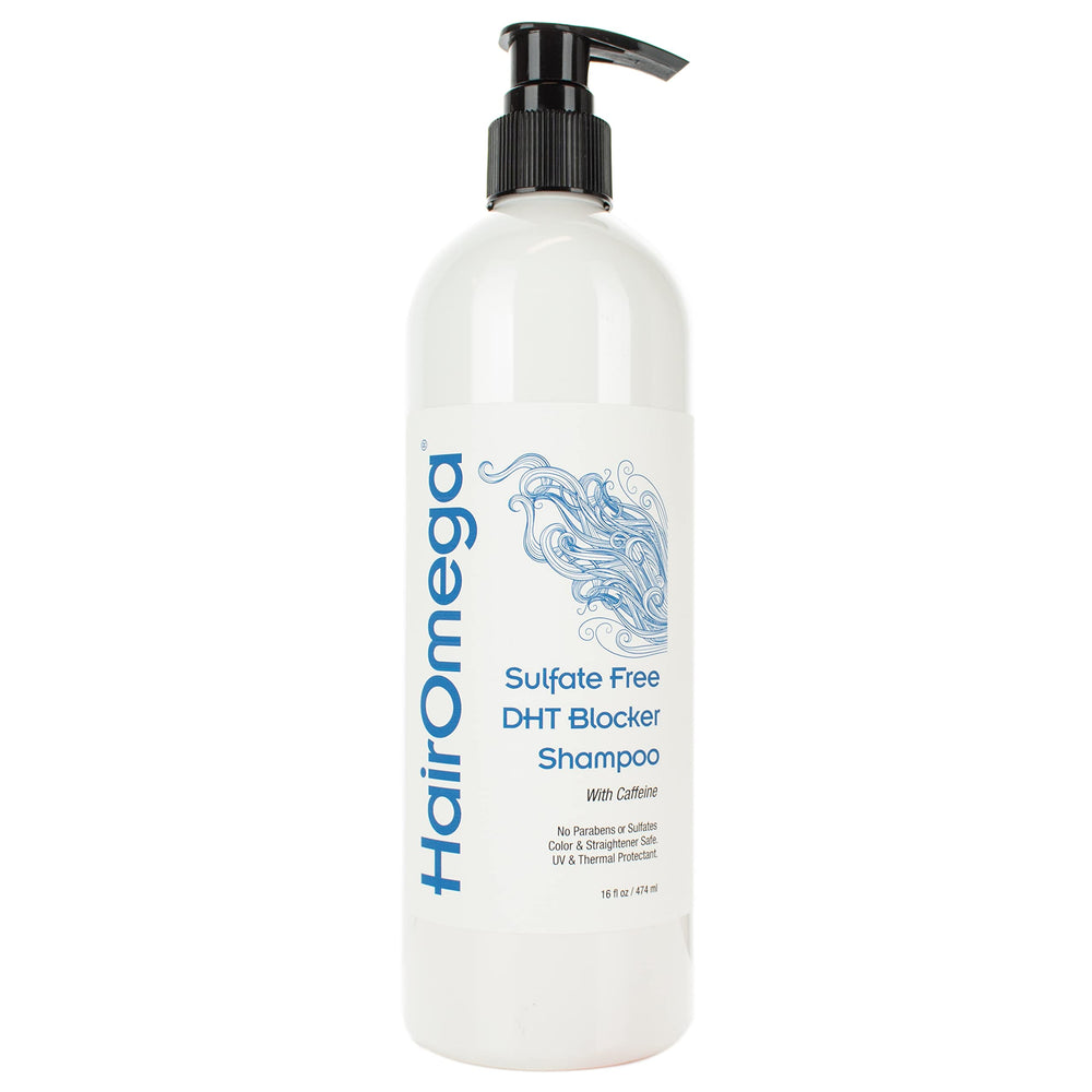 DrFormulas HairOmega Shampoo bottle being poured for nourished hair.
