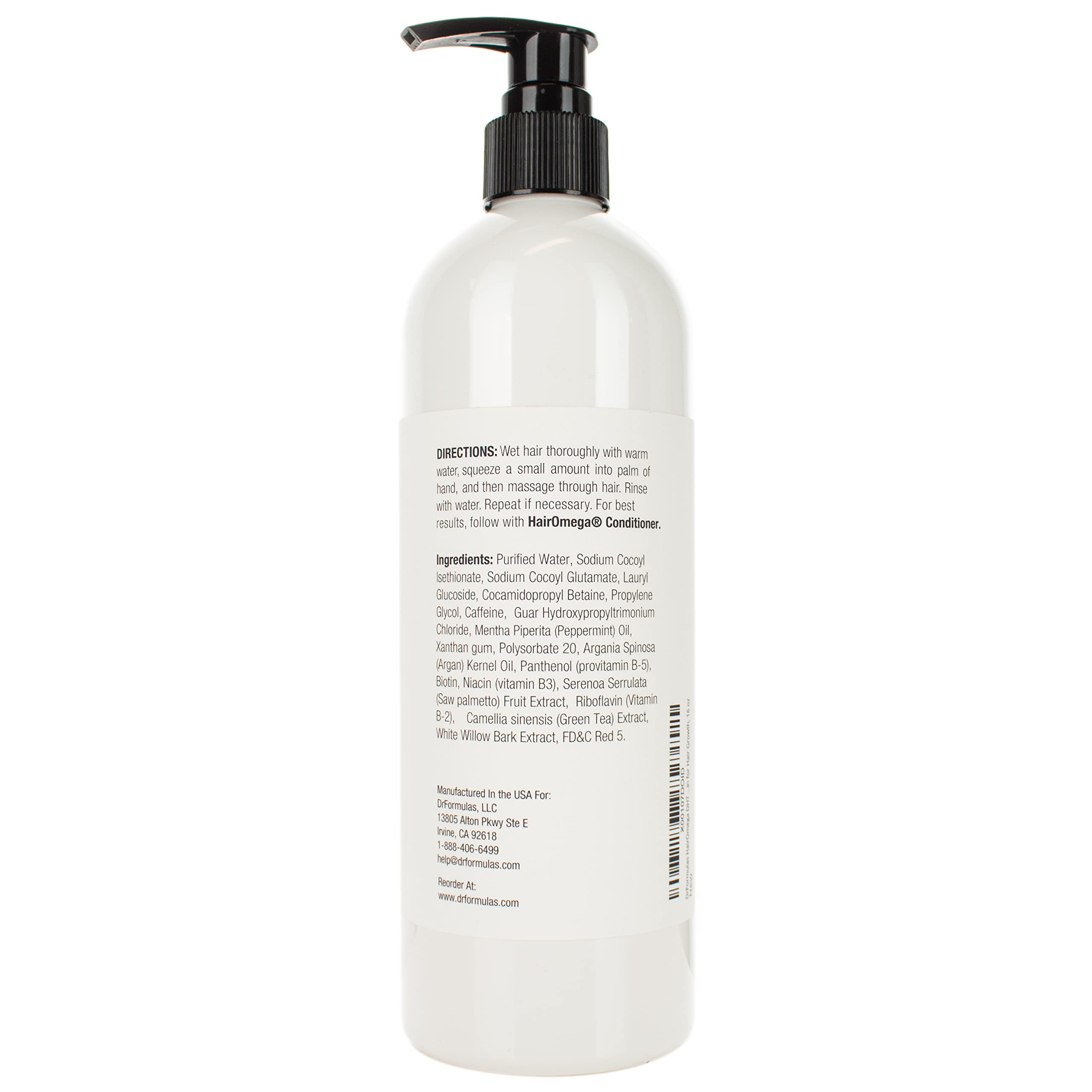 DrFormulas HairOmega Shampoo label close-up highlighting DHT blockers and oils.