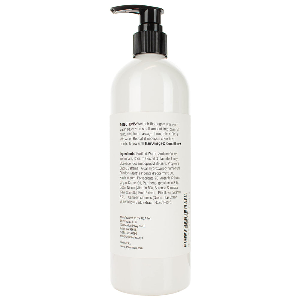 DrFormulas HairOmega Shampoo label close-up highlighting DHT blockers and oils.