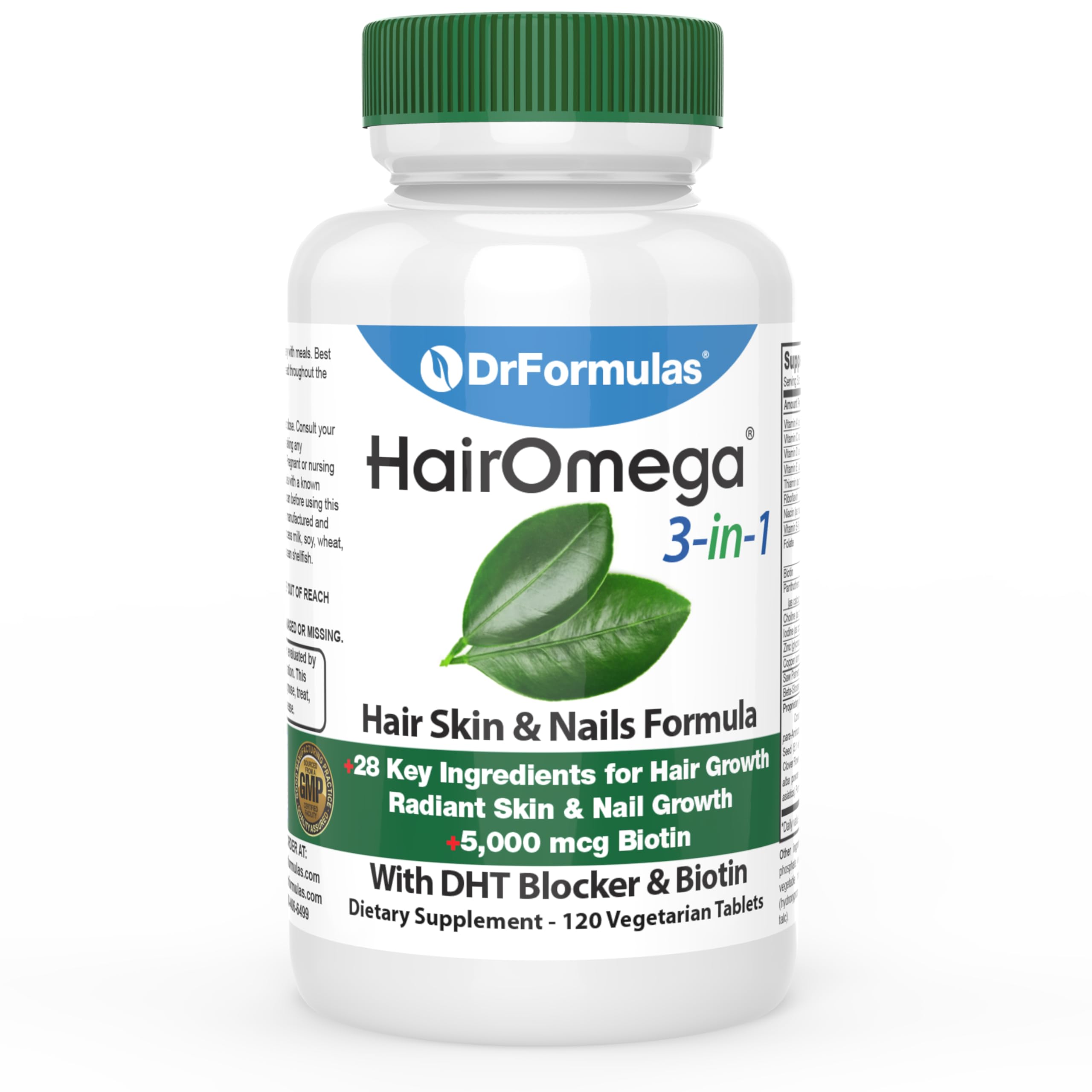 DrFormulas HairOmega bottle front showing 3-in-1 formula for hair, skin, and nails.