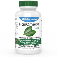 DrFormulas HairOmega bottle front showing 3-in-1 formula for hair, skin, and nails.