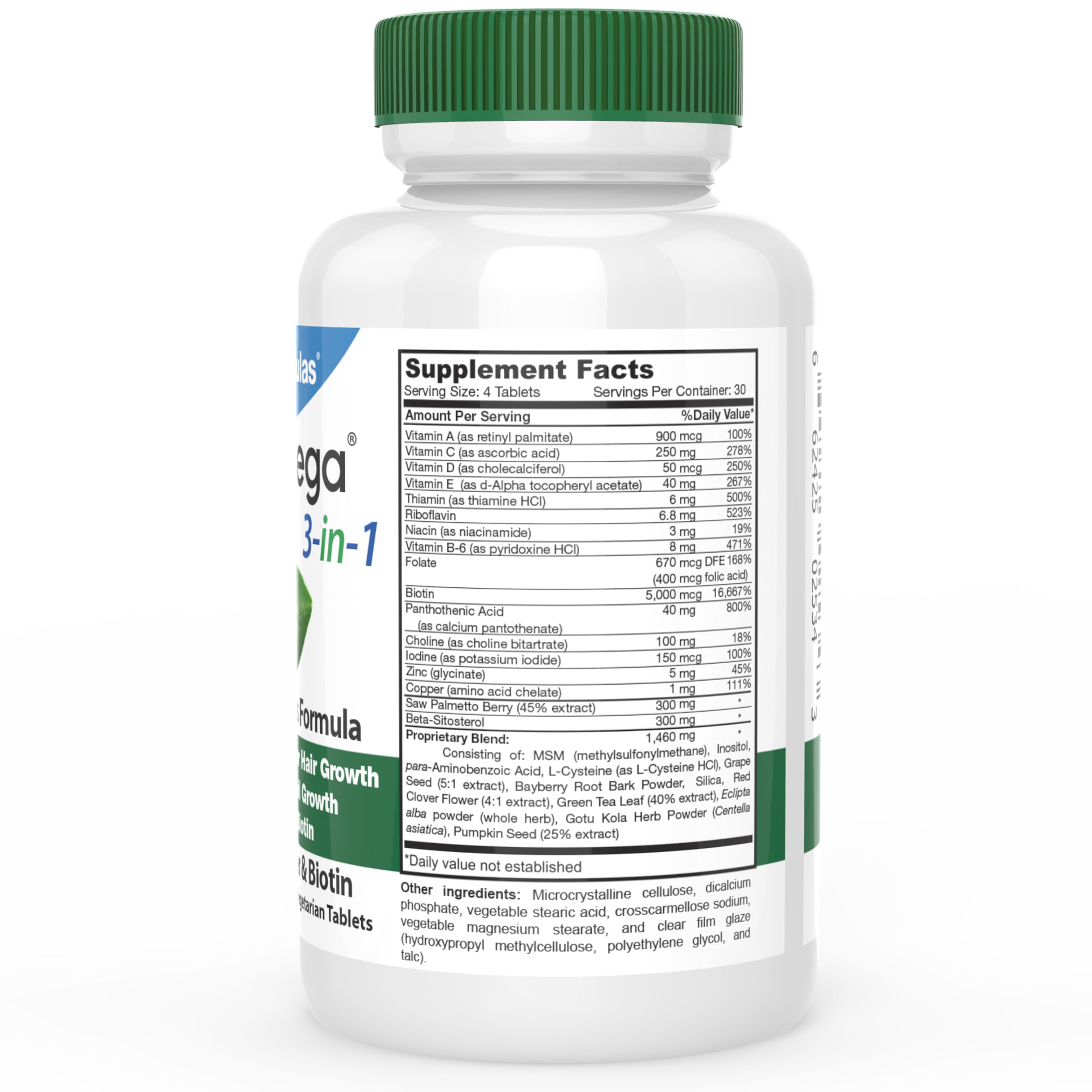 DrFormulas HairOmega bottle label close-up highlighting key nutrients for hair growth.