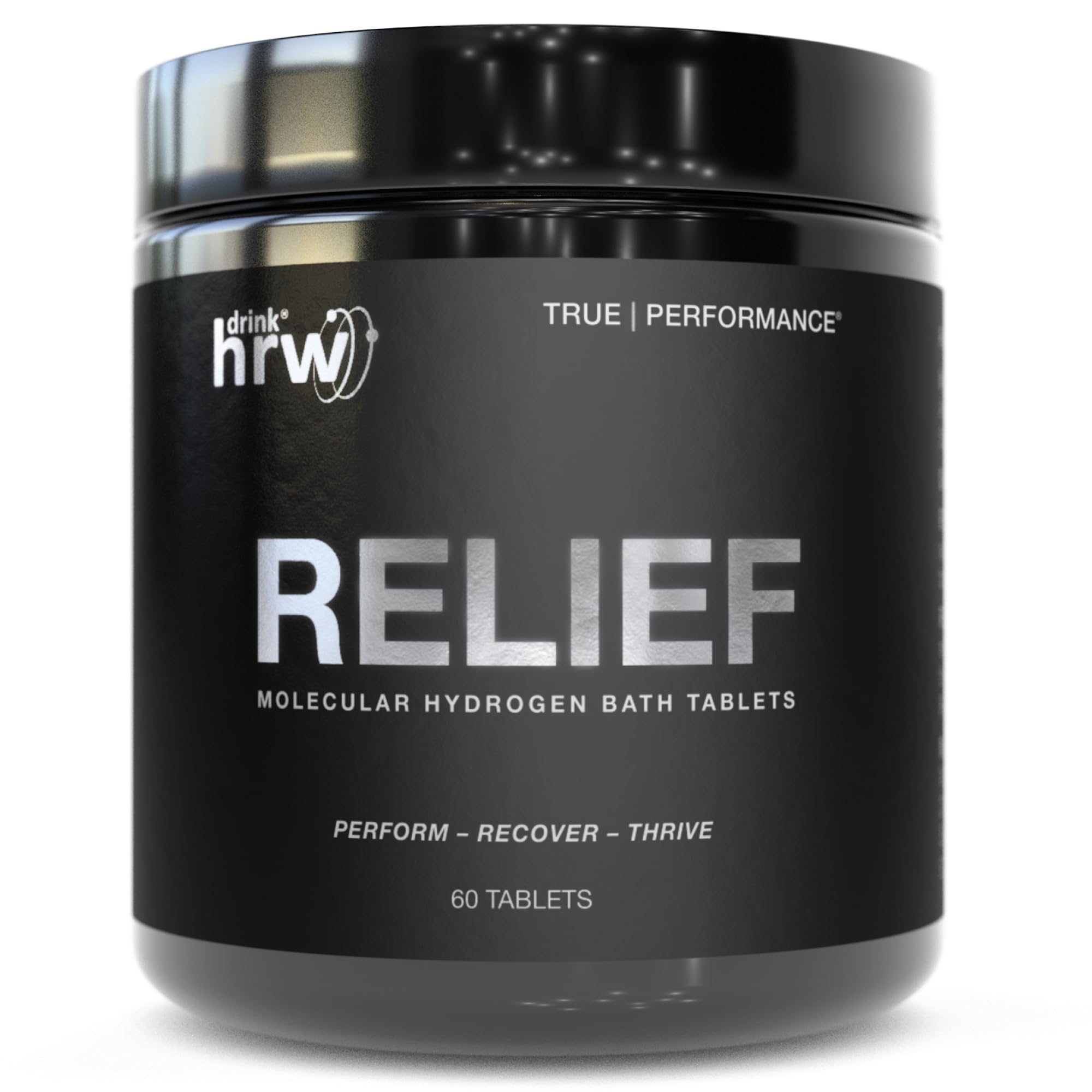 DRINK HRW RELIEF tablets bottle for easy post-workout recovery and relaxation.