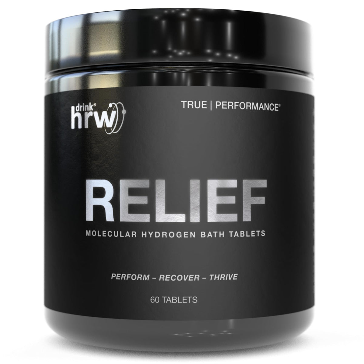 DRINK HRW RELIEF tablets bottle for easy post-workout recovery and relaxation.