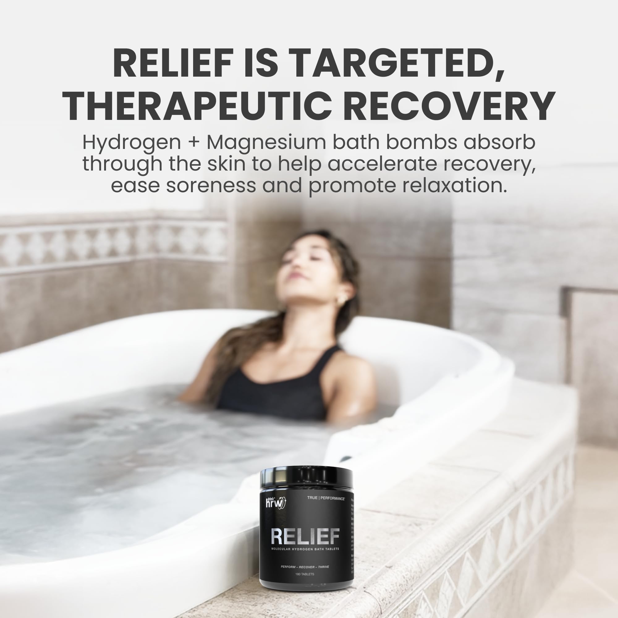 DRINK HRW RELIEF tablets being poured into a bath for a soothing soak.