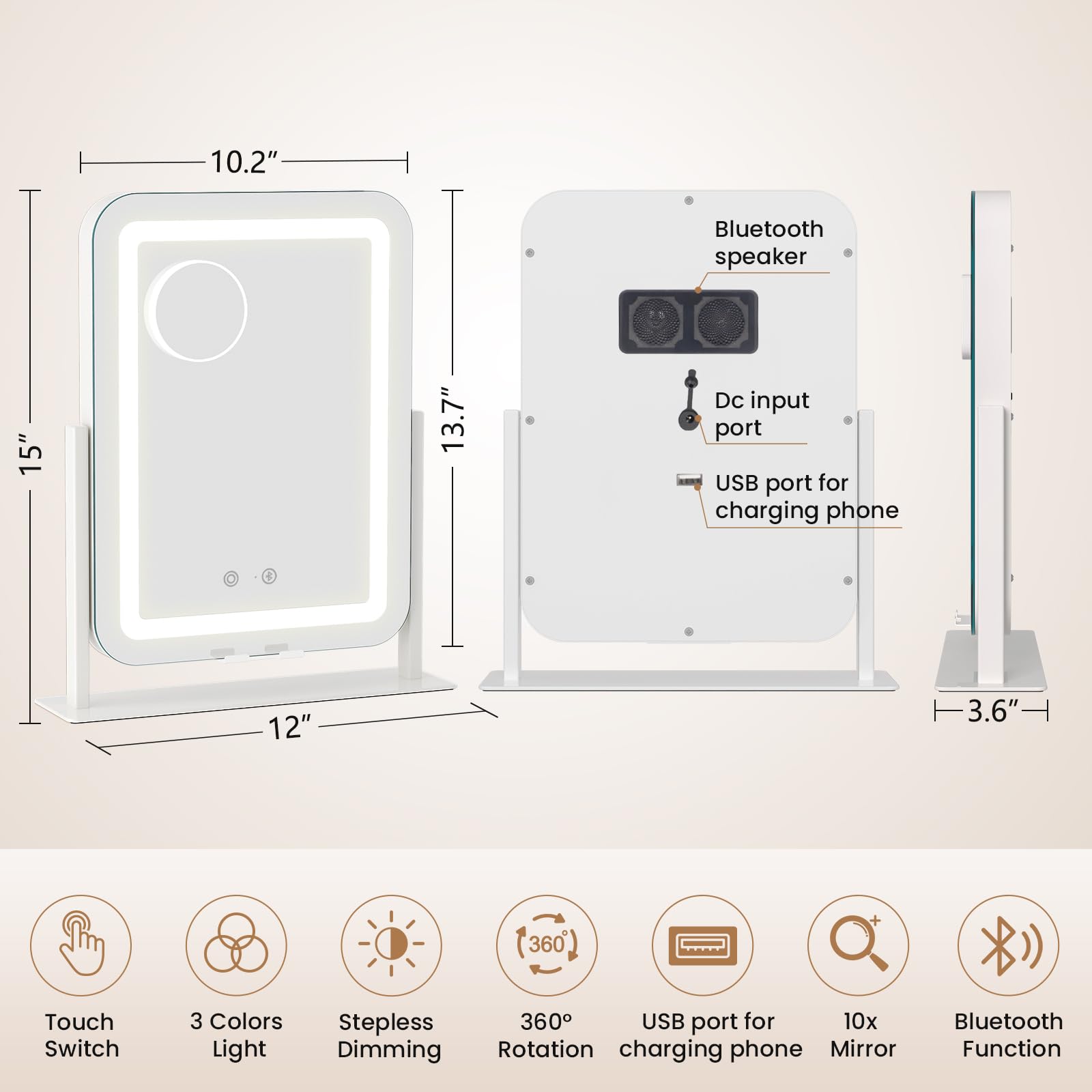 Dripex makeup mirror side angle showing adjustable brightness for makeup tasks