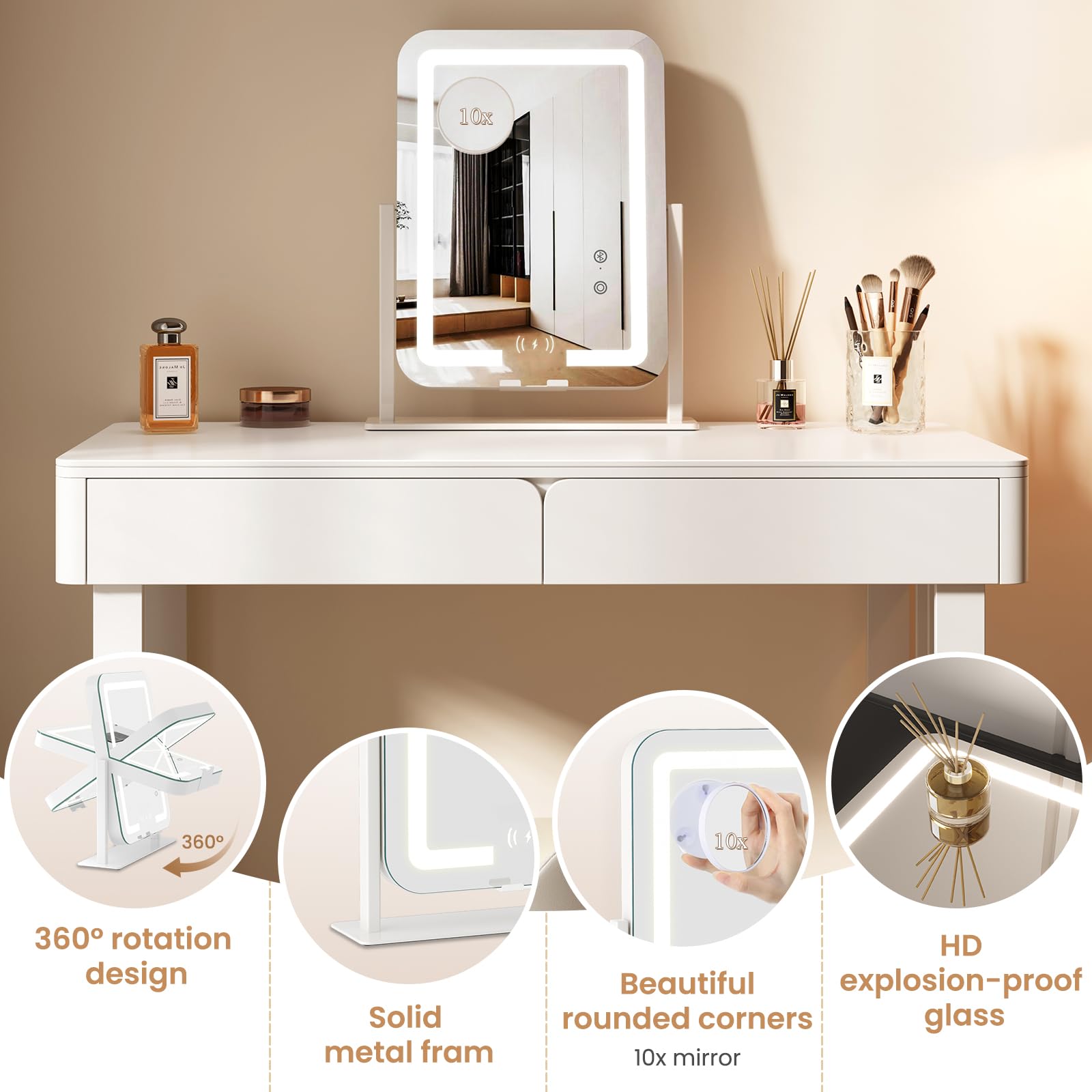 Dripex vanity mirror built-in phone stand for hands-free makeup