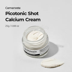Dr.Melaxin Cemenrete Picotonic Shot Calcium Cream label close-up showing even tone focus.