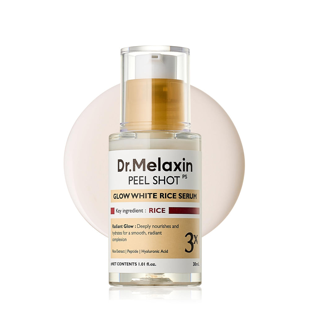 Dr.Melaxin Peel Shot Glow Rice PDRN Serum bottle for smooth, radiant skin.