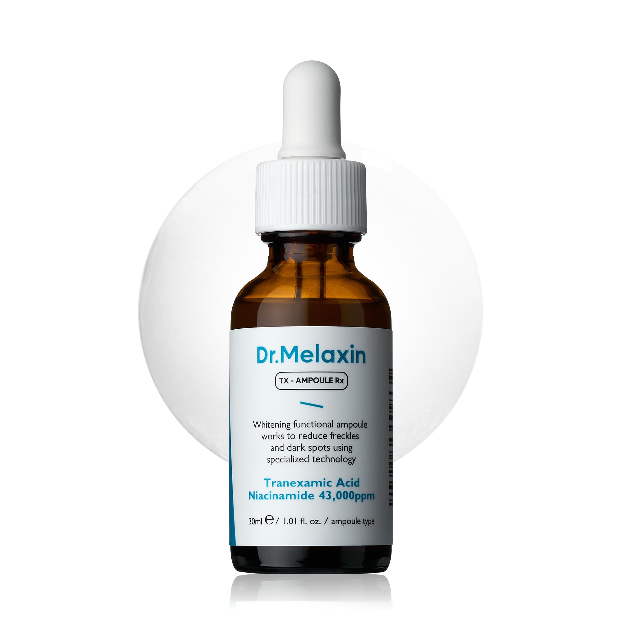 Dr.melaxin TX ampoule bottle showcases a clean, fragrance-free skincare ritual.