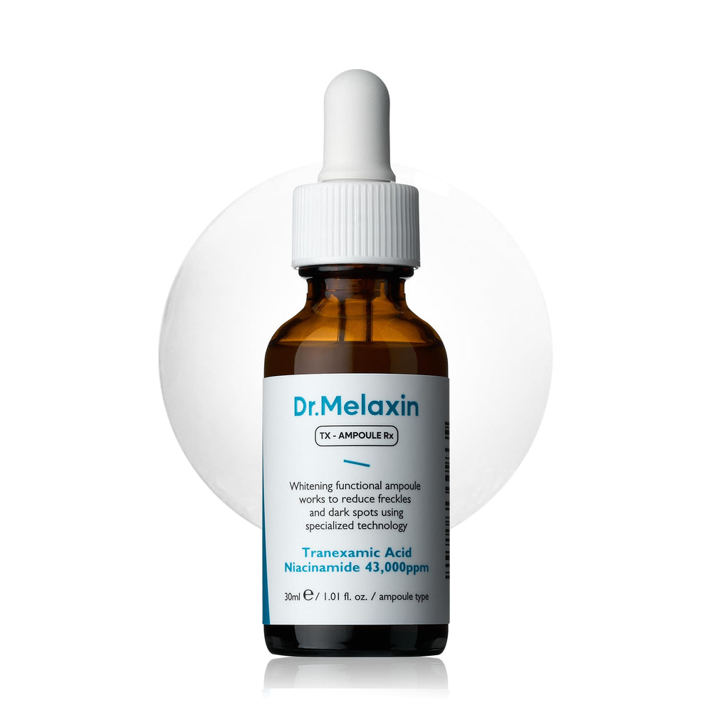 Dr.melaxin TX ampoule bottle showcases a clean, fragrance-free skincare ritual.