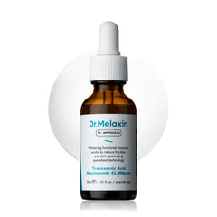 Dr.melaxin TX ampoule bottle showcases a clean, fragrance-free skincare ritual.