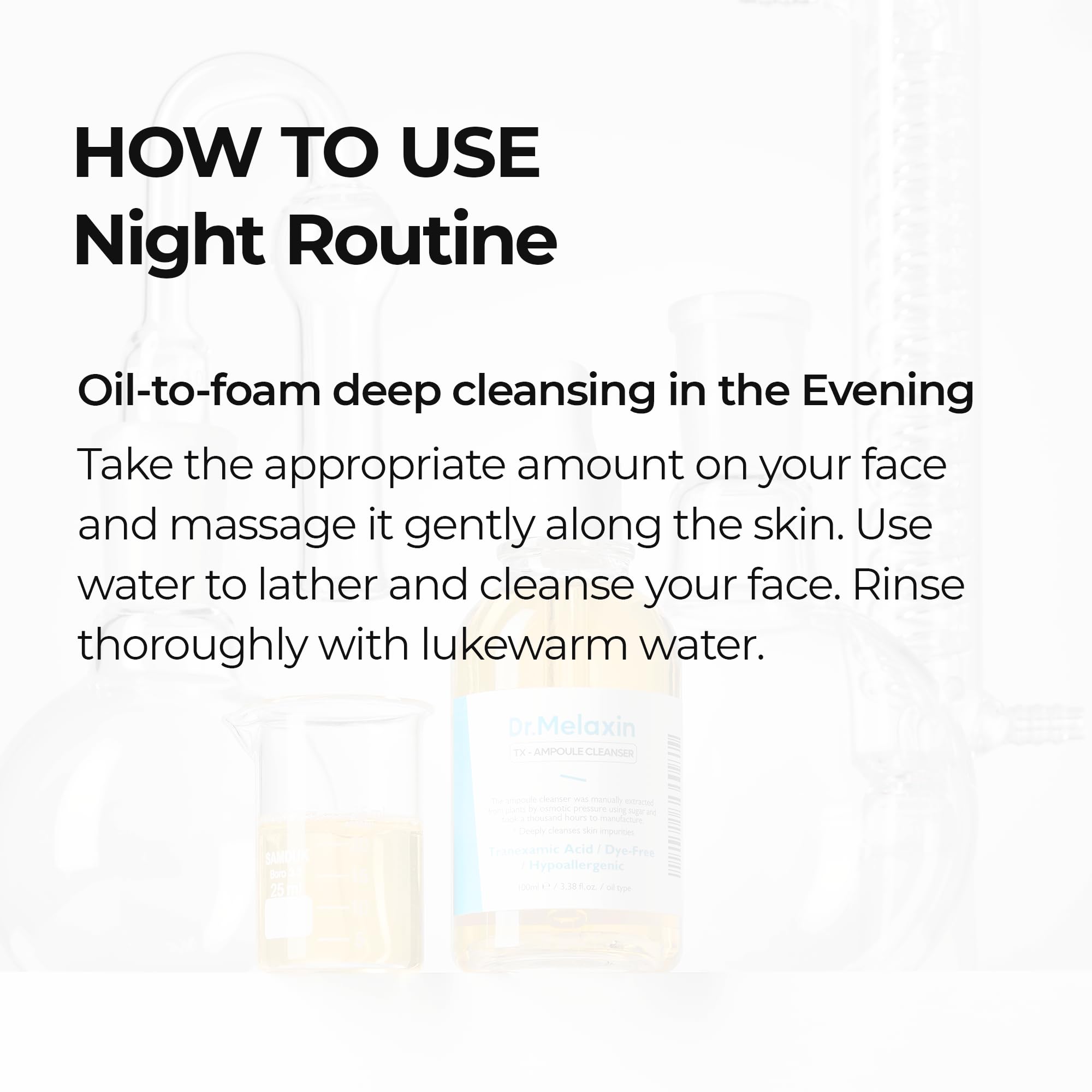 Dr.Melaxin TX Ampoule Cleanser label close-up highlights ingredients.