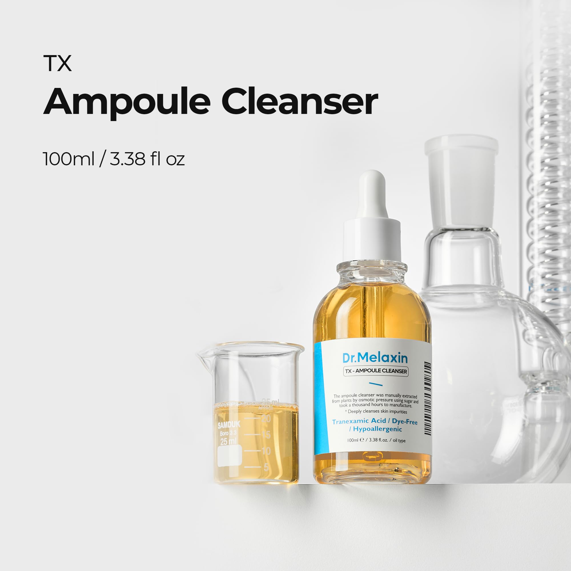 Dr.Melaxin TX Ampoule Cleanser oil-to-foam texture visual for gentle cleansing.