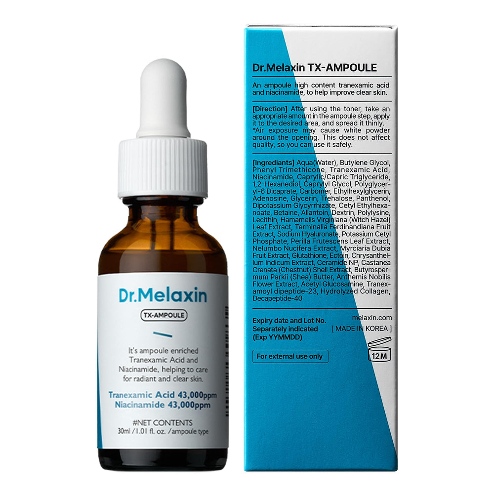 Dr.melaxin TX ampoule product label communicates safety and fragrance-free promise.