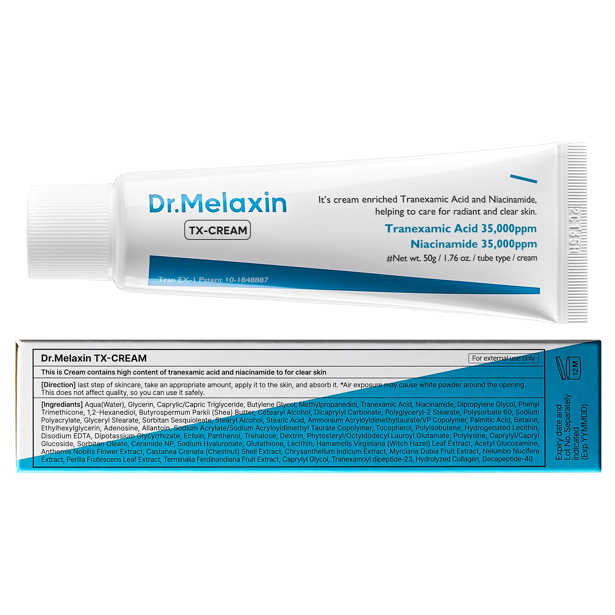 Dr.Melaxin TX Cream packaging box for Korean skincare routine.